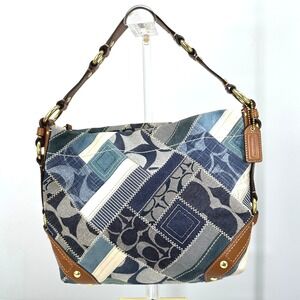 Y2K Coach Carly Denim Patchwork Hobo Bag Tan Leather Denim Shoulder Bag 12215